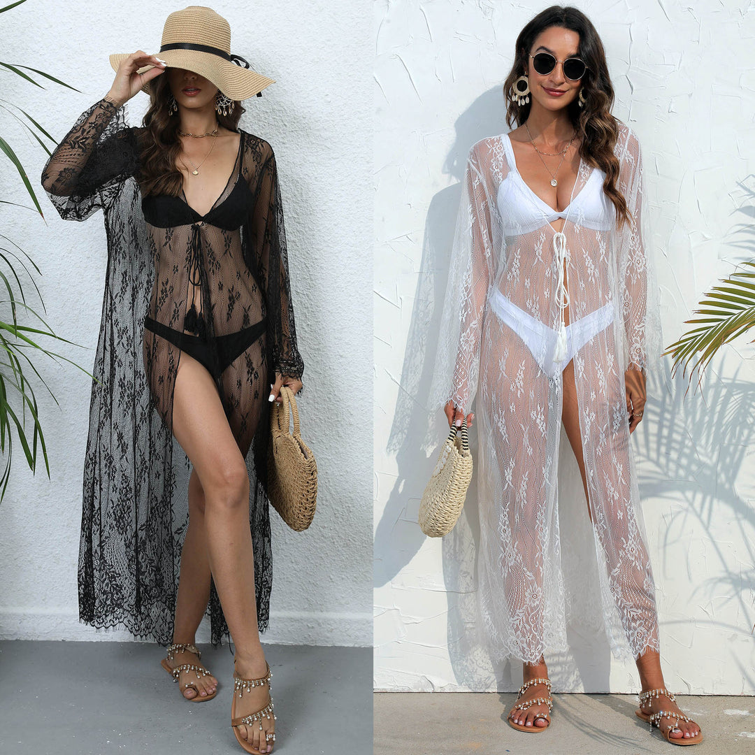 Women transparent beach cover-up with elaborate crochet lace Mune Fashion