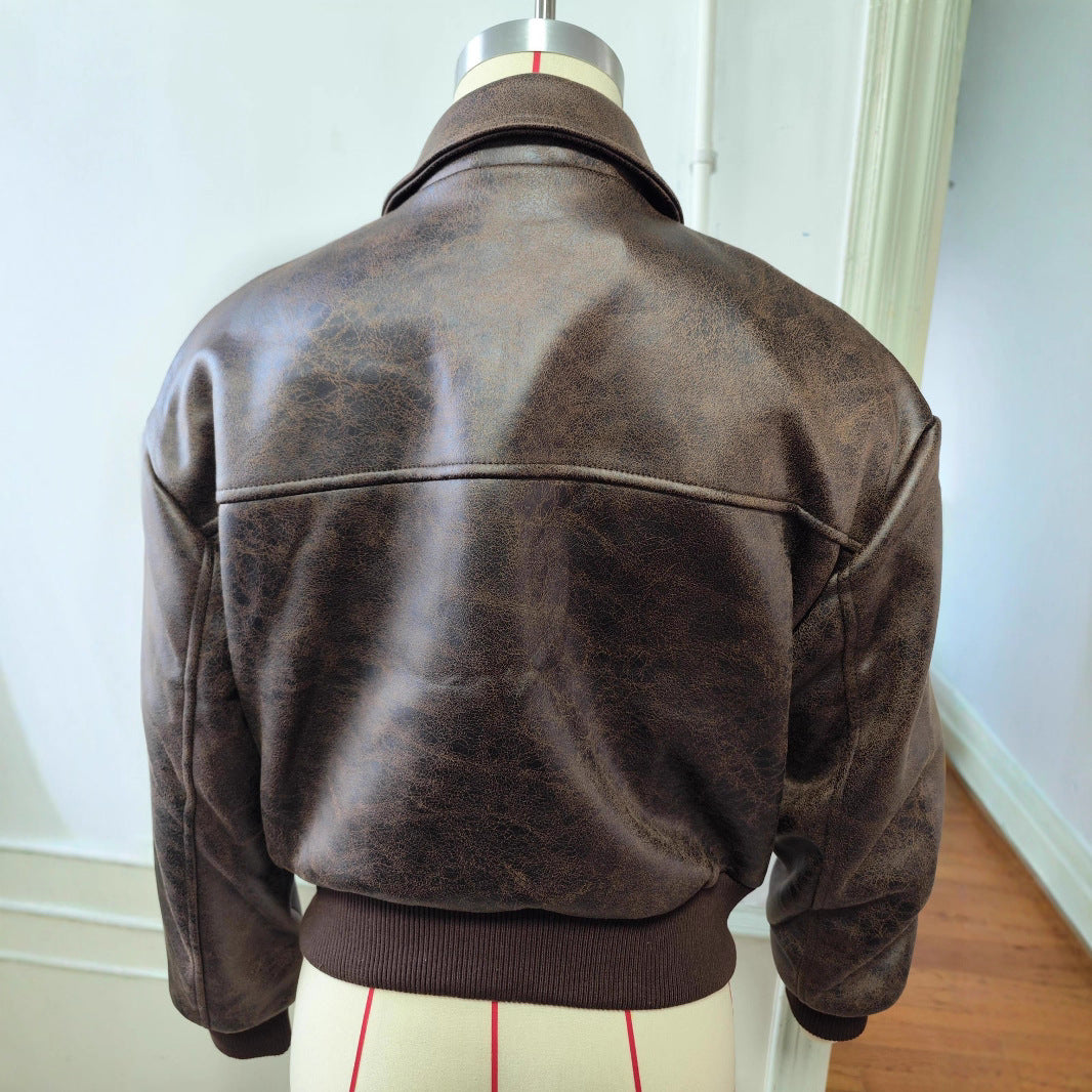 Women Short Cut Bomber Jacket made of Faux Leather with Large Flap Pockets Mune Fashion