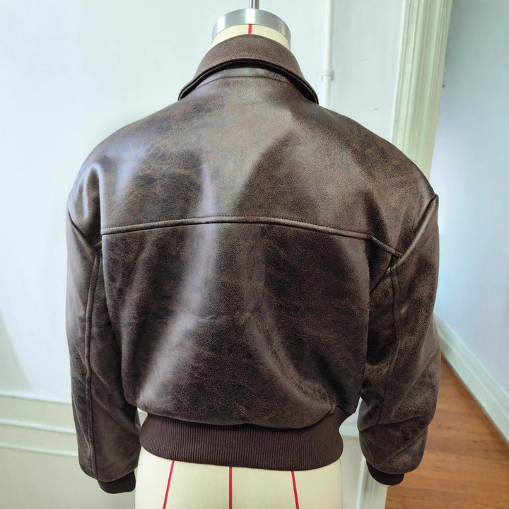 Women Short Cut Bomber Jacket made of Faux Leather with Large Flap Pockets Mune Fashion