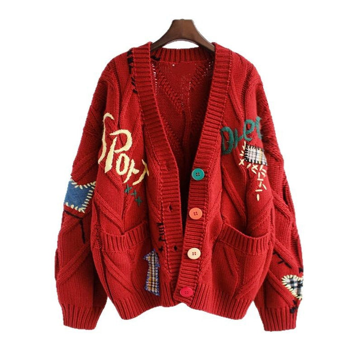 Women's fashionable knitted cardigan with colorful buttons and elaborate details
