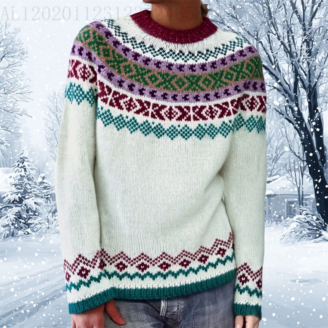 Women's gray marled round neck sweater with circular jacquard yoke and ribbed hem Mune Fashion