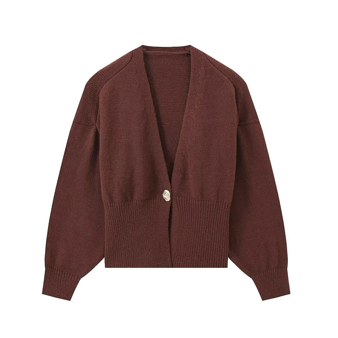 Women Short V-Neck Cardigan with Balloon Sleeves and Decorative Button Mune Fashion