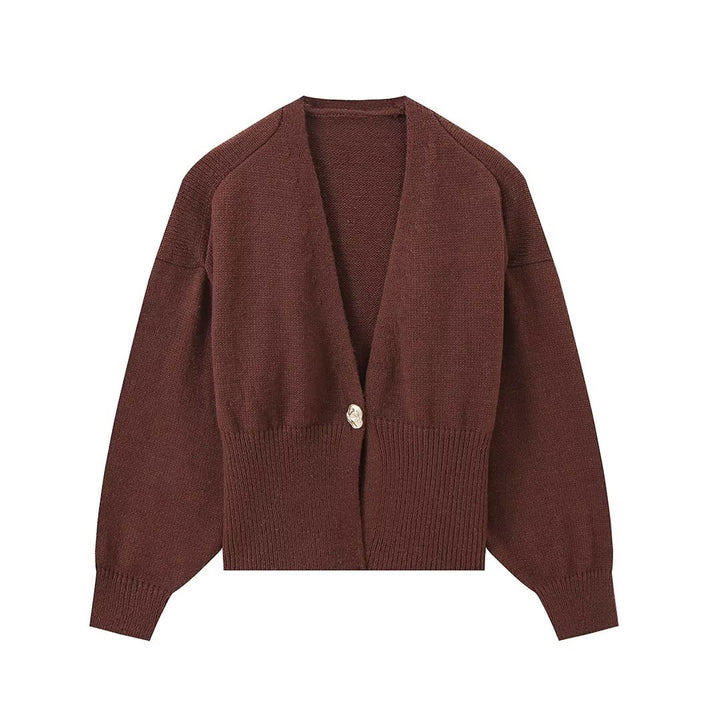Women Short V-Neck Cardigan with Balloon Sleeves and Decorative Button Mune Fashion