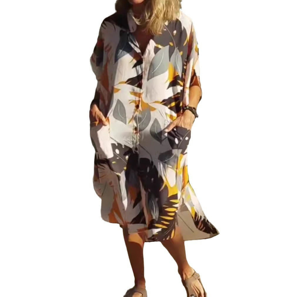 Women's airy-light kaftan shirt dress with dropped shoulder, hidden button placket, and side pockets Mune Fashion