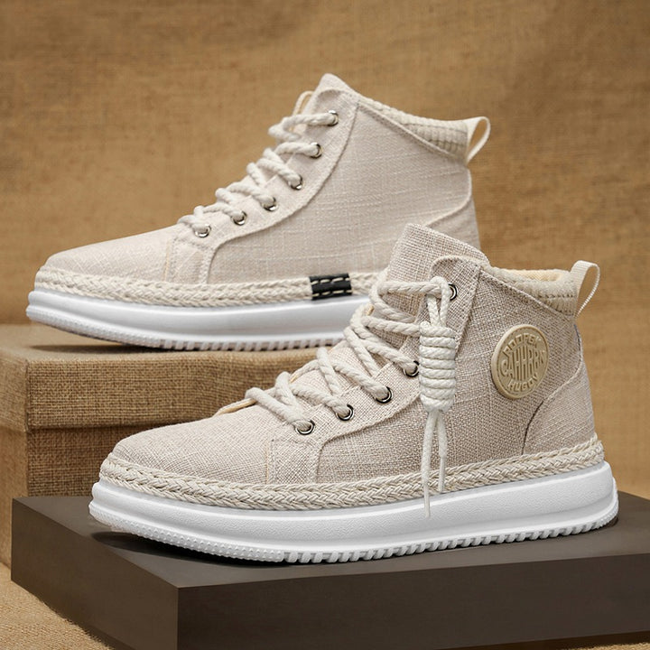 Women's high casual sneakers with mottled textile upper material, braided jute decorative edge, and cushioned platform sole Mune Fashion