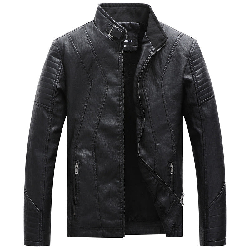 Men's Slim Faux Leather Biker Jacket with Stand Collar, Decorative Stitching and Zipper Pockets Mune Fashion