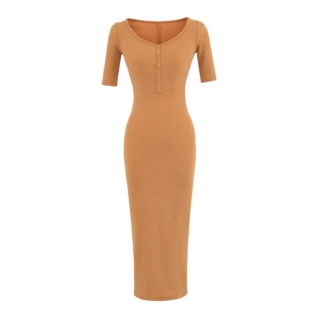 Women's Fitted Midi Dress made of Rib Knit with Button Placket and Half-Length Sleeves Mune Fashion