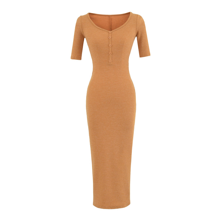 Women's Fitted Midi Dress made of Rib Knit with Button Placket and Half-Length Sleeves Mune Fashion