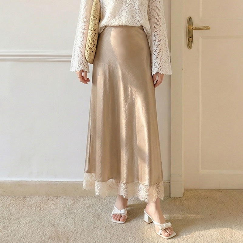 Women's satin midi skirt with delicate lace trim and flowing A-line down