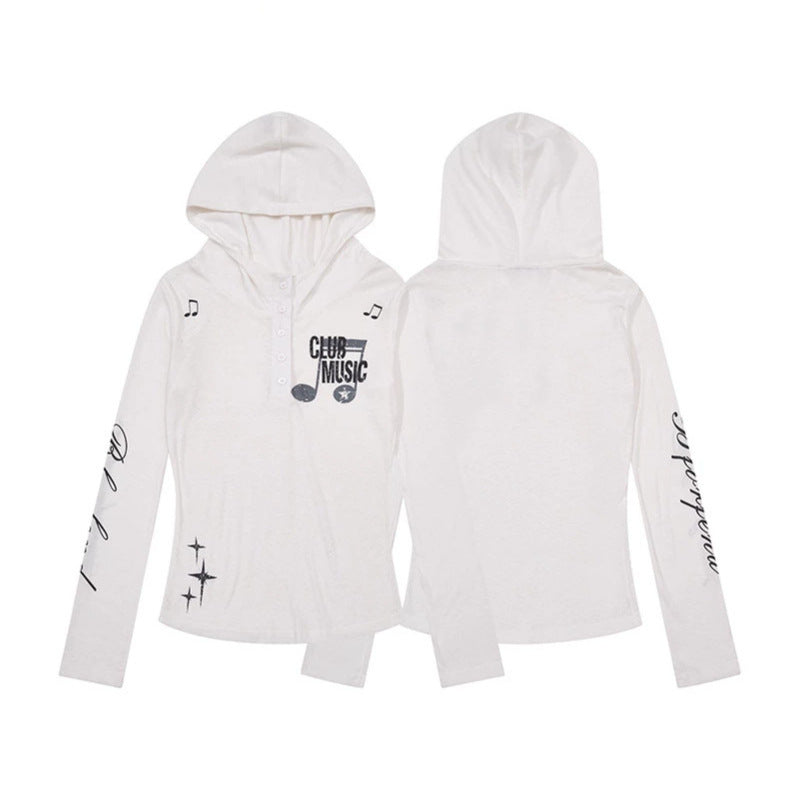 Women's Lightweight Long Sleeve Hoodie Henley Shirt with Button Placket, Hood and Music Print Mune Fashion