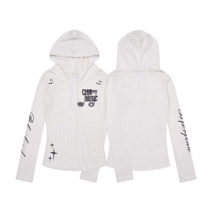 Women's Lightweight Long Sleeve Hoodie Henley Shirt with Button Placket, Hood and Music Print Mune Fashion