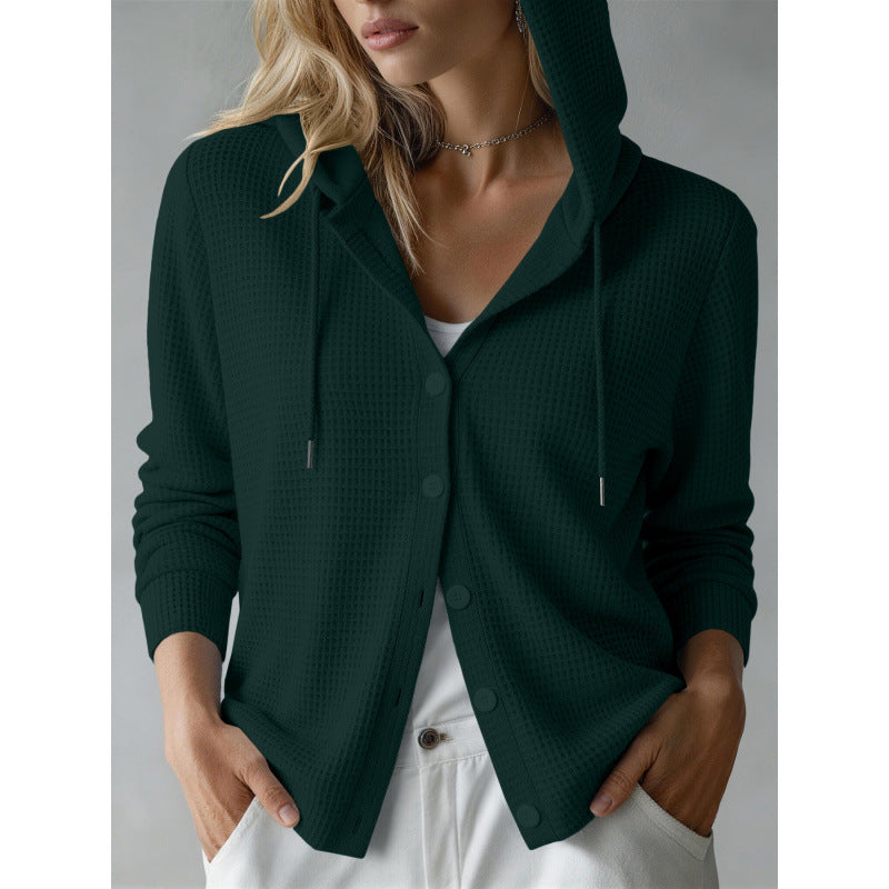 Women's hooded cardigan with waffle texture and button placket Mune Fashion