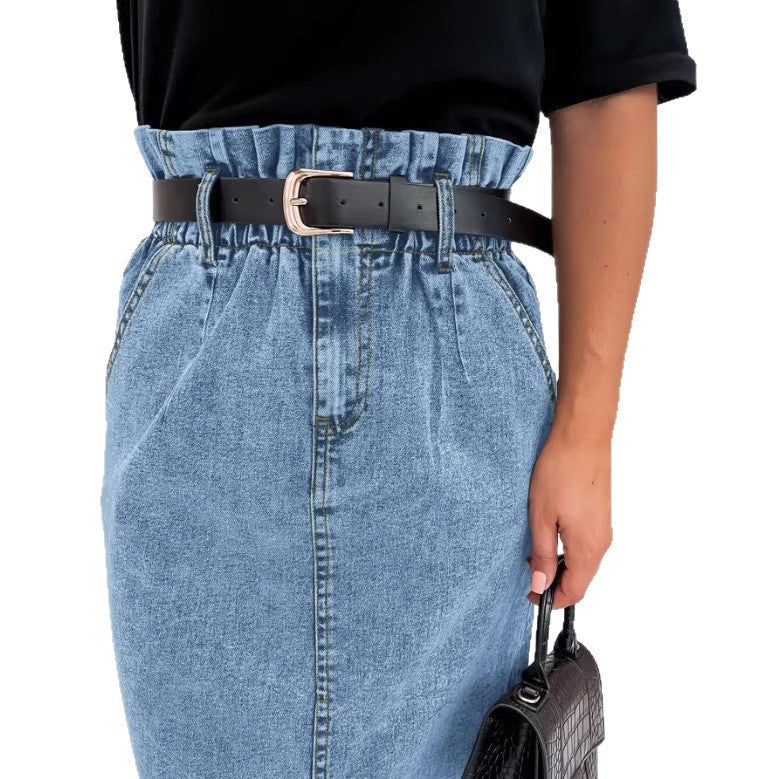 Women's High-Waisted Paperbag Denim Midi Skirt with Front Slit and Tied Belt Mune Fashion