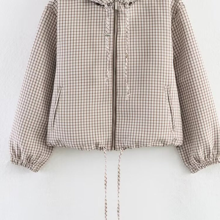 Women Short Cut Checkered Hoodie with Zip and Drawstring Hem Mune Fashion