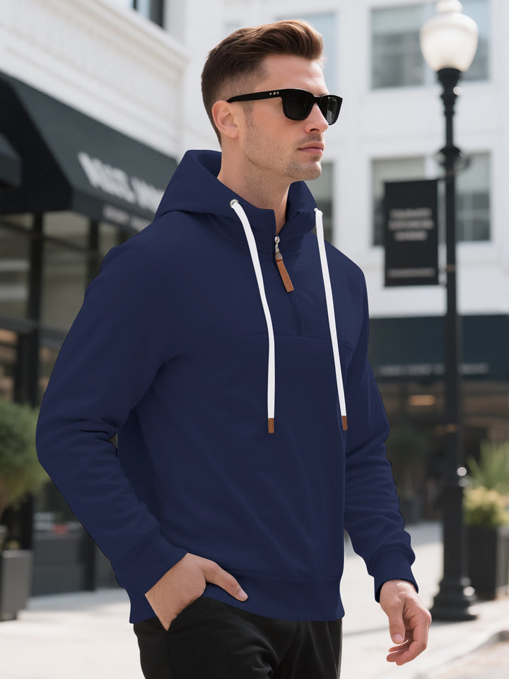 Men's Half-Zip Hooded Sweatshirt with Stand-Up Collar, Drawstring and Leather Details Mune Fashion