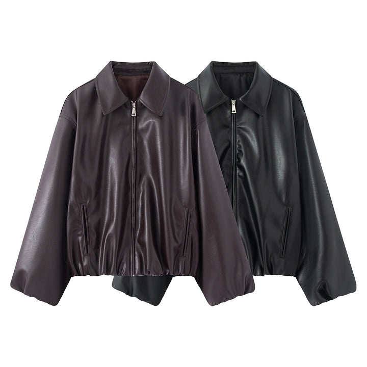 Women's Nan Kastiger Oversized Faux Leather Blouson with Shirt Collar, Hidden Zipper, Concealed Pocket, and Elastic Hem Mune Fashion