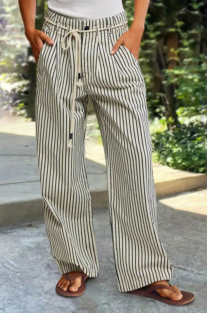 Women Light Linen Look Palazzo Pants with Elastic Waistband, Drawstring and Vertical Stripe Pattern Mune Fashion