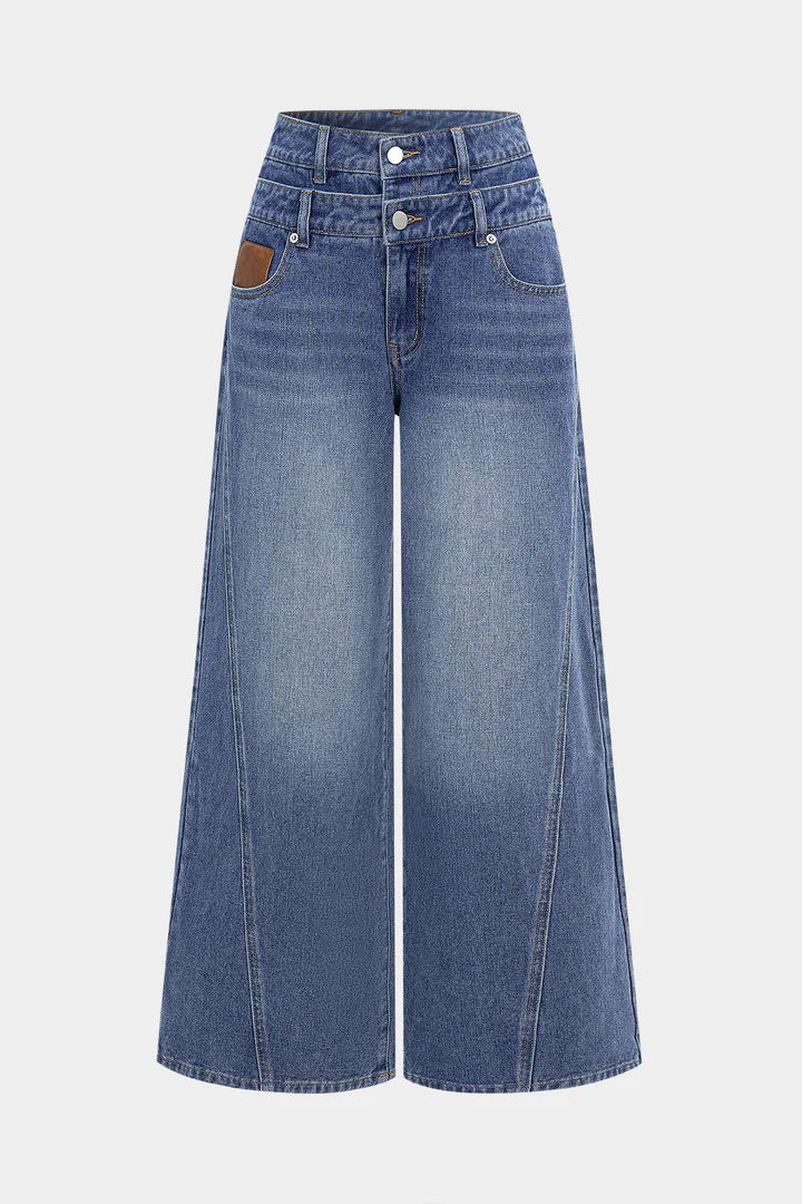 Women high-waisted double waistband jeans culotte with wide cropped leg and visible seam panels Mune Fashion
