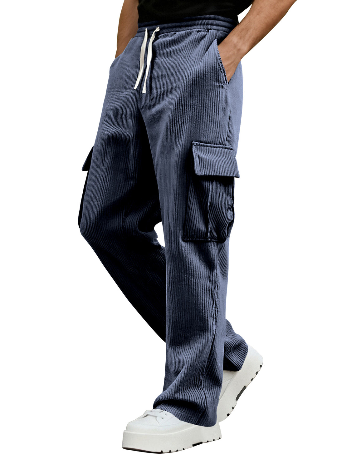 Men's casual corduroy cargo pants with elastic drawstring waist, straight leg, and flap pockets Mune Fashion
