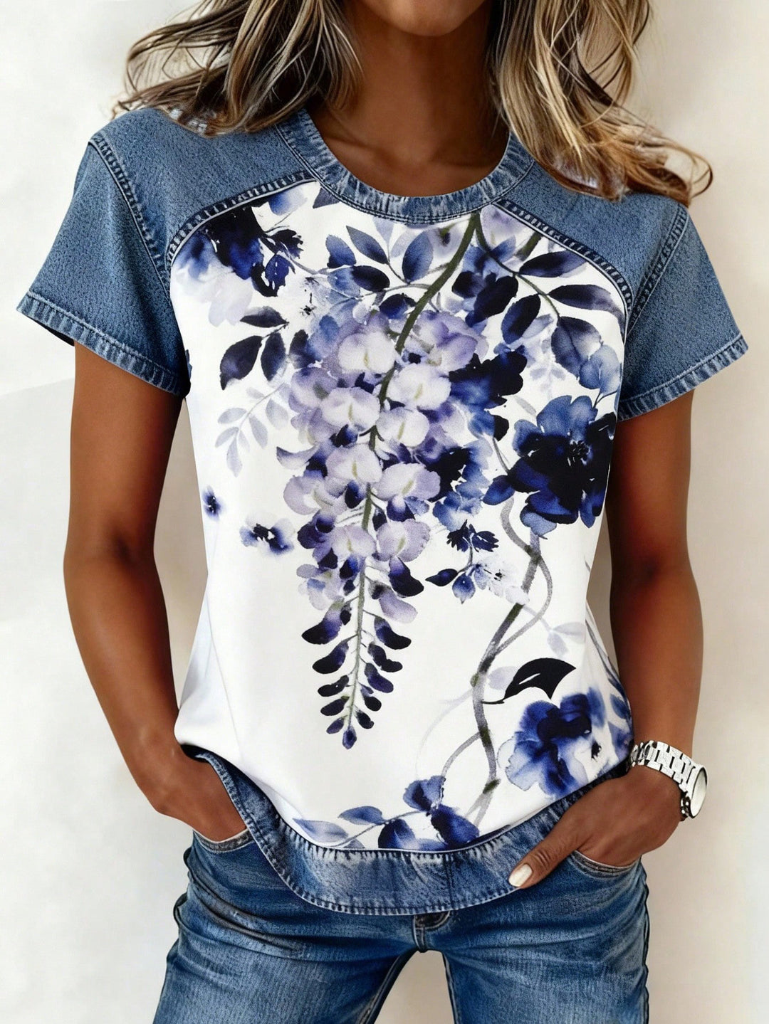 Women's Short Sleeve Shirt with Jeans Inserts and Teddy Patch Print Mune Fashion