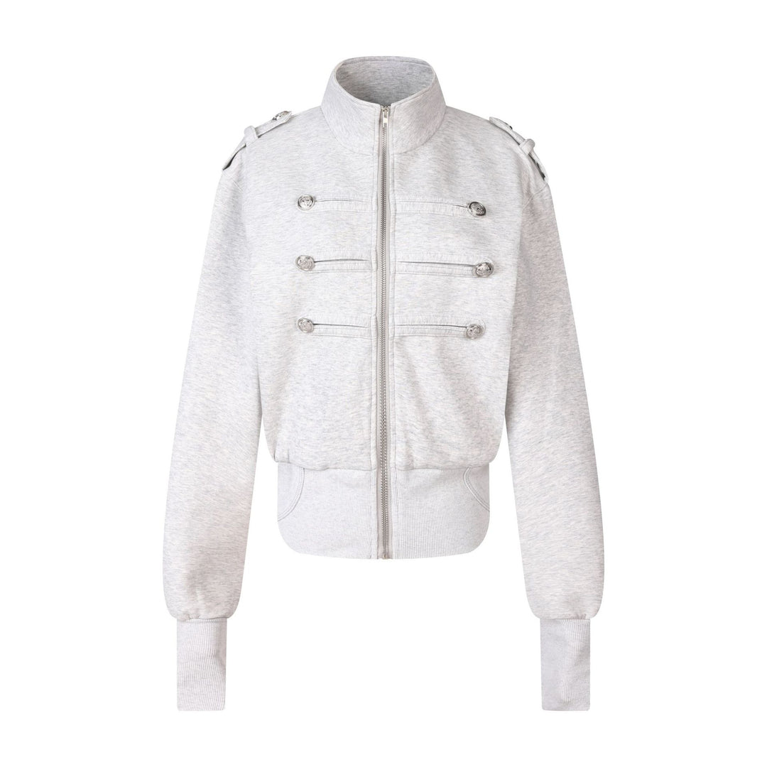 Women's Short Sweat Jacket in Military Style with Stand-Up Collar and Decorative Patches Mune Fashion