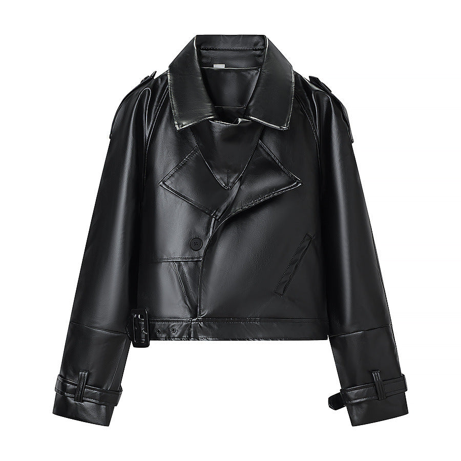 Women short cut biker jacket in leather look with asymmetrical lapel and waist belt Mune Fashion