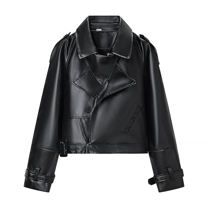 Women short cut biker jacket in leather look with asymmetrical lapel and waist belt Mune Fashion