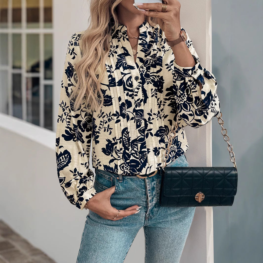 Women's Elegant Blouse with Floral Pattern Mix and Stand Collar Mune Fashion