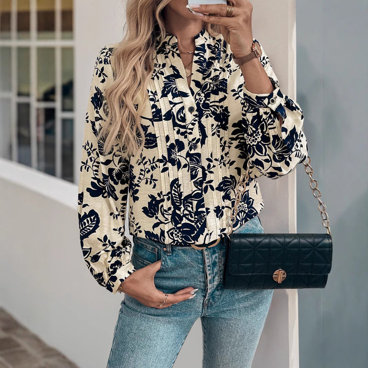 Women's Elegant Blouse with Floral Pattern Mix and Stand Collar Mune Fashion