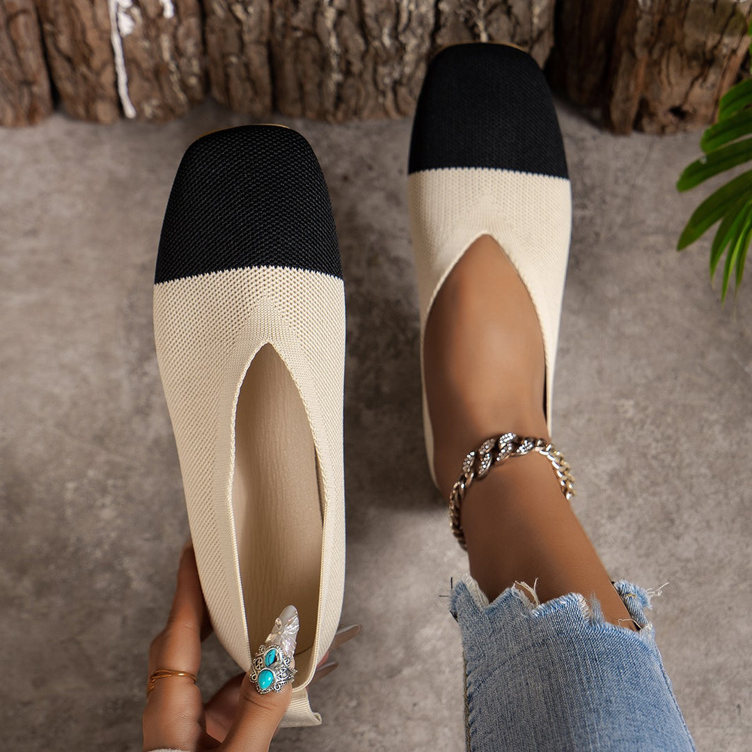 Women Two-tone Knit Ballerinas with Square Toe and Elastic Shaft Mune Fashion