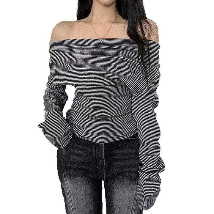 Women's asymmetrical off-shoulder long sleeve shirt with tailored gathering and slim stretch fit Mune Fashion