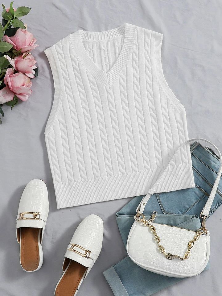 Women Classic Cable Knit Vest with Slim Fit and V-Neck Mune Fashion