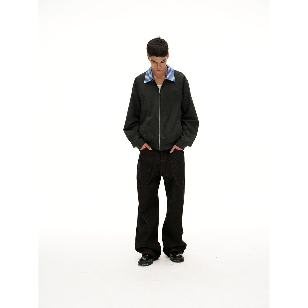 Unisex Short Cut Pinstripe Blouson Jacket with Contrasting Shirt Collar and Full Zipper Mune Fashion