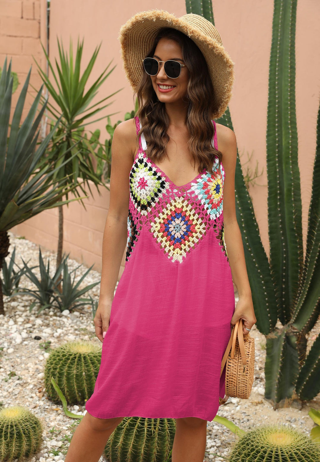 Ladies airy crochet dress with colorful appliqués Mune Fashion