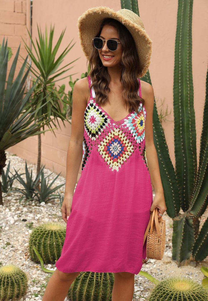 Ladies airy crochet dress with colorful appliqués Mune Fashion
