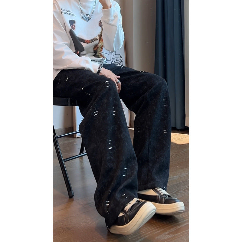 Men's Oversized Cord Pants with Distressed Details, Wide Leg and Drawstring Mune Fashion