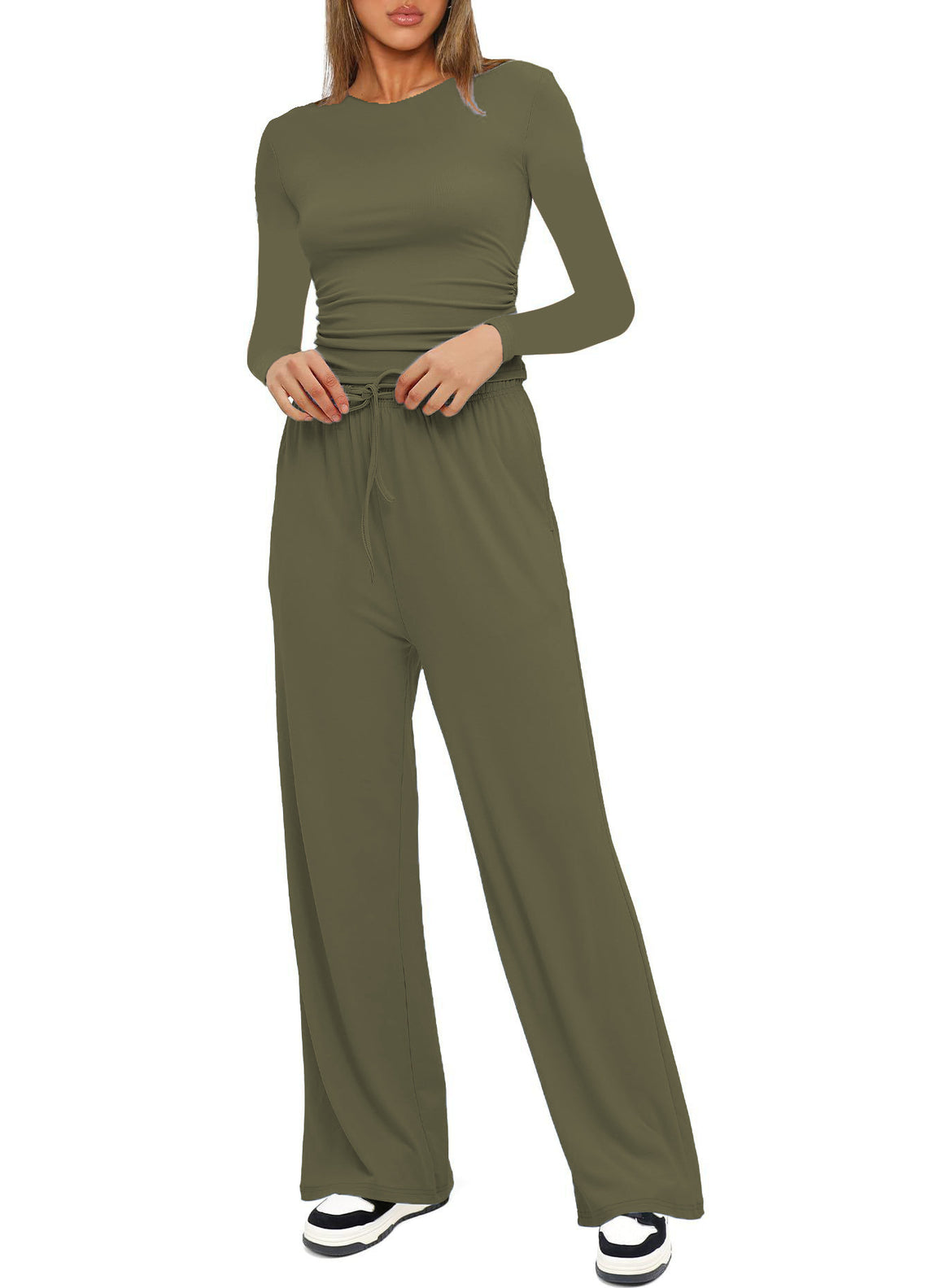 Women's Figure-Hugging Long Sleeve with Side Gathering and High-Waist Palazzo Jogging Pants Set Mune Fashion