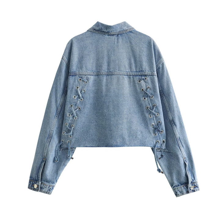 Women's cropped oversized jeans jacket with drawstring hem, patch chest pockets, and metal button placket Mune Fashion