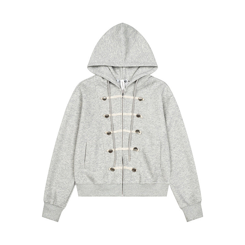 Women's hooded sweatshirt jacket with full-length zipper, decorative cord eyelet detailing and military detail Mune Fashion