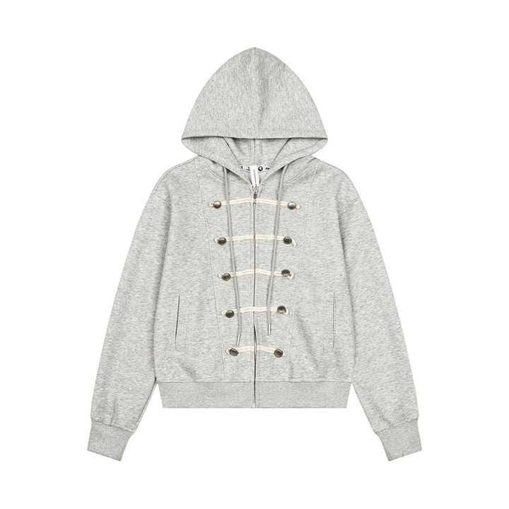 Women's hooded sweatshirt jacket with full-length zipper, decorative cord eyelet detailing and military detail Mune Fashion