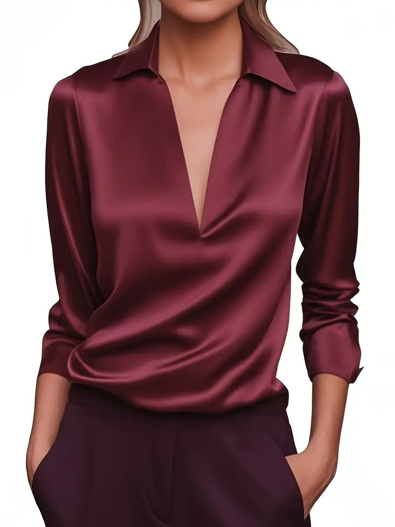 Women Silky Satin Blouse Shirt with Deep V-Neck and Shirt Collar Mune Fashion