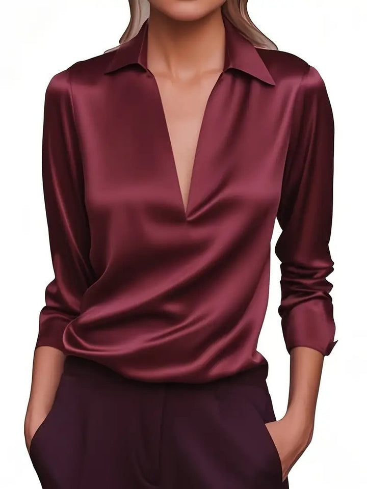 Women Silky Satin Blouse Shirt with Deep V-Neck and Shirt Collar Mune Fashion