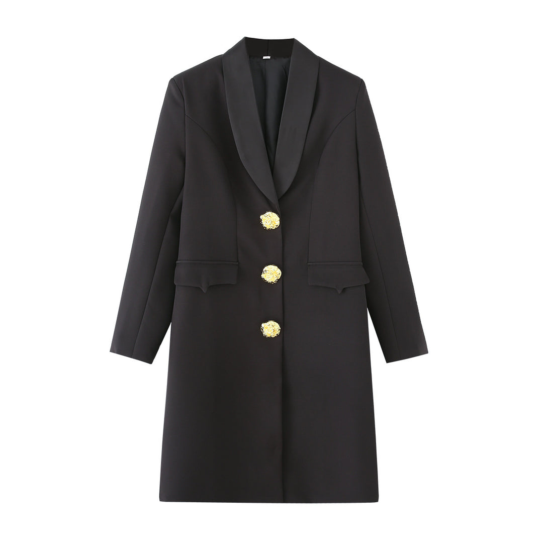 Women's tailored long blazer with shawl collar, distinctive decorative buttons, and patch pockets Mune Fashion