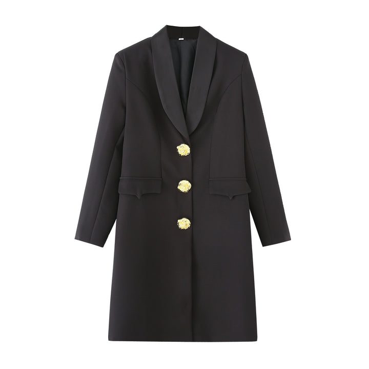 Women's tailored long blazer with shawl collar, distinctive decorative buttons, and patch pockets Mune Fashion