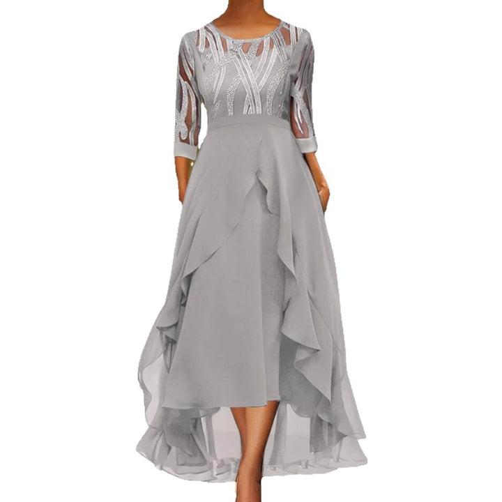 Women's elegant chiffon evening dress with embroidered tulle bodice, three-quarter sleeves, and asymmetric tiered hem Mune Fashion