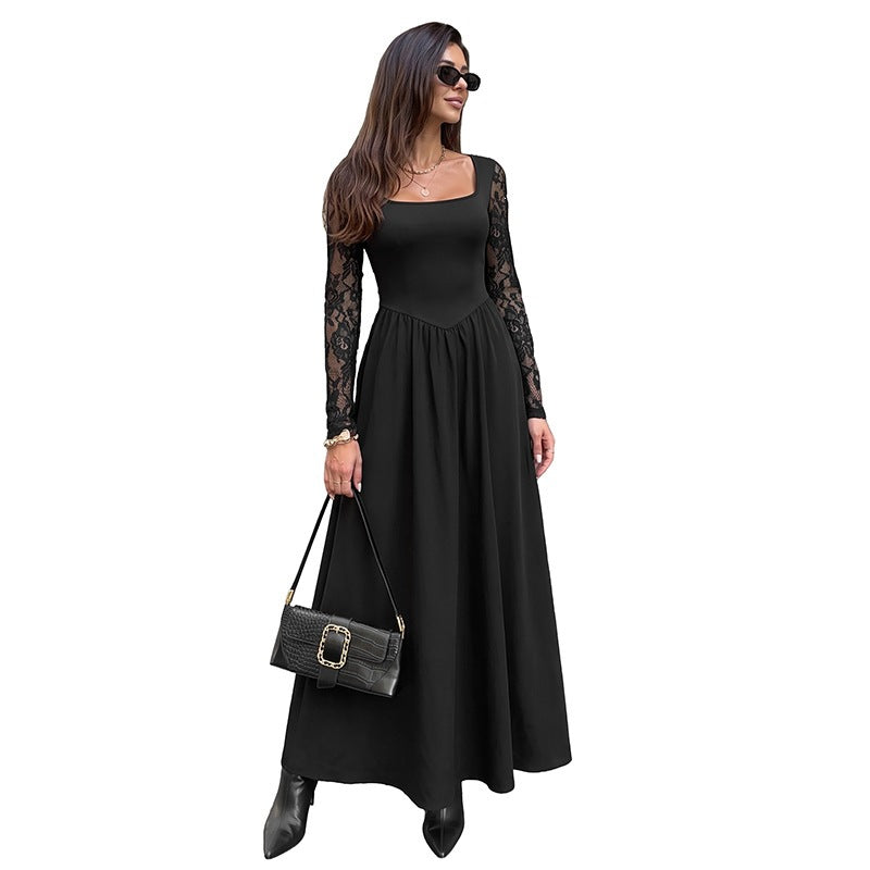 Women Figure-flattering Midi Dress with Lace Sleeves and Square Neckline Mune Fashion