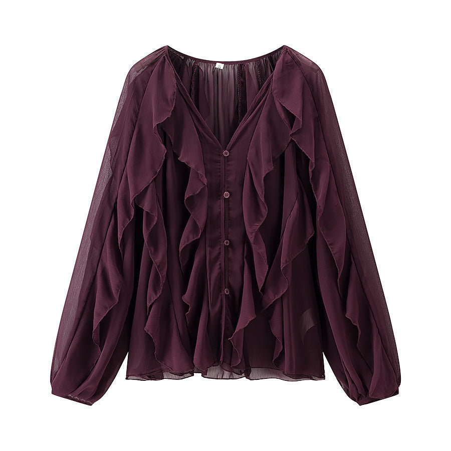 Ladies Voluminous Chiffon Blouse with Layered Ruffles and Button Closure Mune Fashion