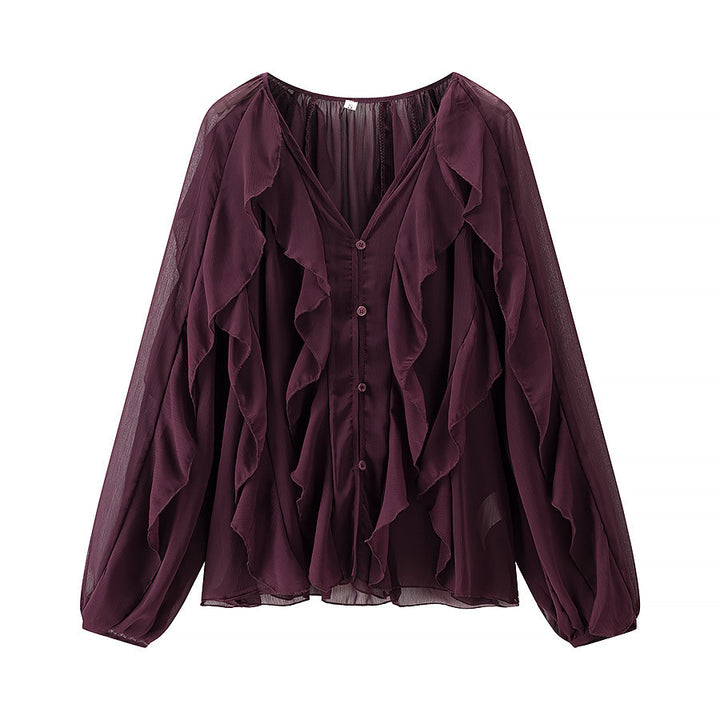 Ladies Voluminous Chiffon Blouse with Layered Ruffles and Button Closure Mune Fashion