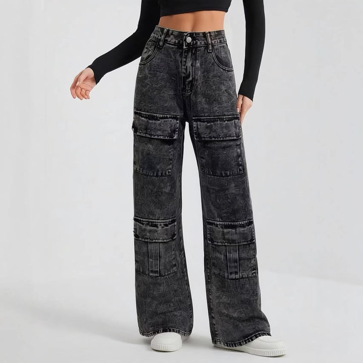 Women nan High-Waist Utility Denim Pants with applied knee patches, cargo pockets and wide flares Mune Fashion