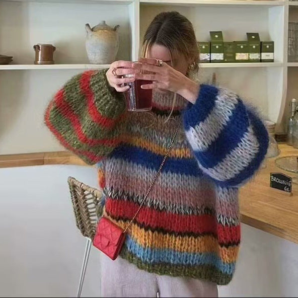 Women's Oversize Knit Sweater made of Mohair Mix with Voluminous Balloon Sleeves and Block Stripes Mune Fashion